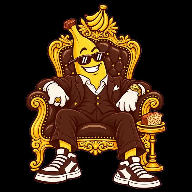 Totally Gone Bananas mascot, a banana in sunglasses lounging on a golden throne